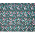 قماش فوال قطني بقاعدة بلون أزرق مخضر غامق مع طباعة ريش وأوراق تجريدية متعددة الألوان، بتصميم نباتي فني، عرض 110 سم، صنع في الهند - D23784