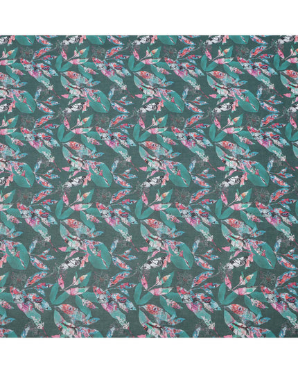 قماش فوال قطني بقاعدة بلون أزرق مخضر غامق مع طباعة ريش وأوراق تجريدية متعددة الألوان، بتصميم نباتي فني، عرض 110 سم، صنع في الهند - D23784