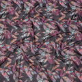 Charcoal Black Base with Multicolor Feather and Maroon Leaf Print Cotton Voile Fabric, Artistic Nature-Inspired Design, 110 Cms Width, Made in India-D23786