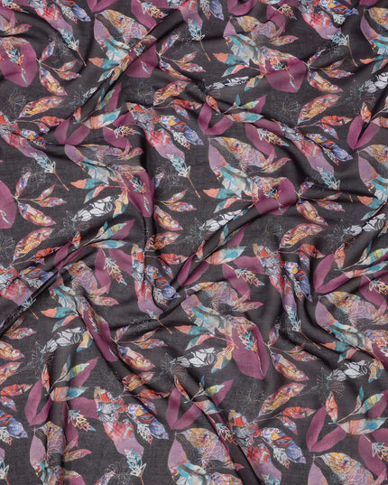Charcoal Black Base with Multicolor Feather and Maroon Leaf Print Cotton Voile Fabric, Artistic Nature-Inspired Design, 110 Cms Width, Made in India-D23786