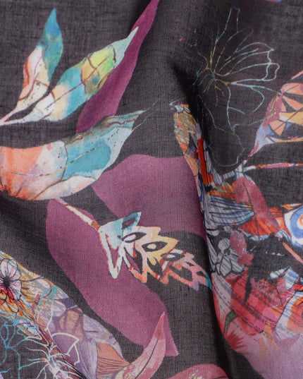 Charcoal Black Base with Multicolor Feather and Maroon Leaf Print Cotton Voile Fabric, Artistic Nature-Inspired Design, 110 Cms Width, Made in India-D23786