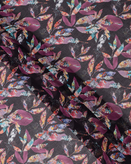 Charcoal Black Base with Multicolor Feather and Maroon Leaf Print Cotton Voile Fabric, Artistic Nature-Inspired Design, 110 Cms Width, Made in India-D23786