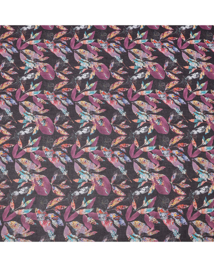 Charcoal Black Base with Multicolor Feather and Maroon Leaf Print Cotton Voile Fabric, Artistic Nature-Inspired Design, 110 Cms Width, Made in India-D23786