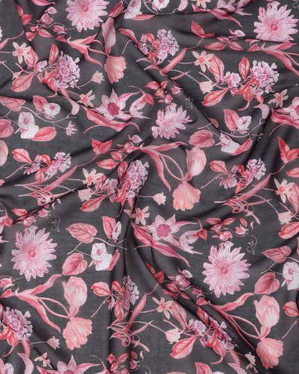 قماش فوال قطني بقاعدة رمادية فحمية مع طباعة زهور وردية ووردية، تصميم نباتي فني، عرض 110 سم، صنع في الهند - D23789