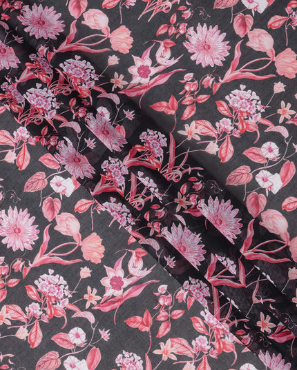 قماش فوال قطني بقاعدة رمادية فحمية مع طباعة زهور وردية ووردية، تصميم نباتي فني، عرض 110 سم، صنع في الهند - D23789