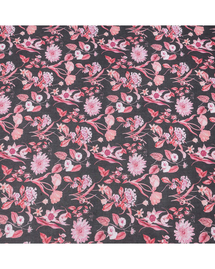 قماش فوال قطني بقاعدة رمادية فحمية مع طباعة زهور وردية ووردية، تصميم نباتي فني، عرض 110 سم، صنع في الهند - D23789
