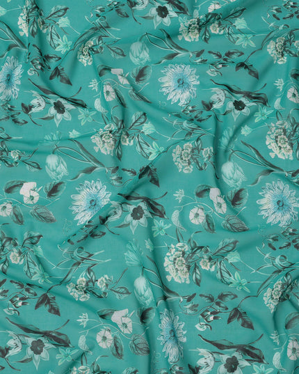 Teal Green Base with Aqua and Black Floral Printed Cotton Voile Fabric, Botanical Garden Design, 110 Cms Width, Made in India-D23790