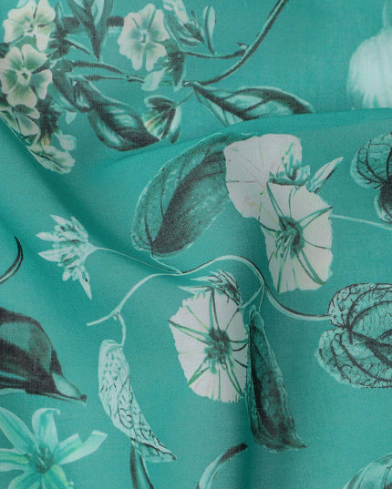 Teal Green Base with Aqua and Black Floral Printed Cotton Voile Fabric, Botanical Garden Design, 110 Cms Width, Made in India-D23790