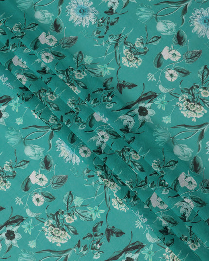 Teal Green Base with Aqua and Black Floral Printed Cotton Voile Fabric, Botanical Garden Design, 110 Cms Width, Made in India-D23790