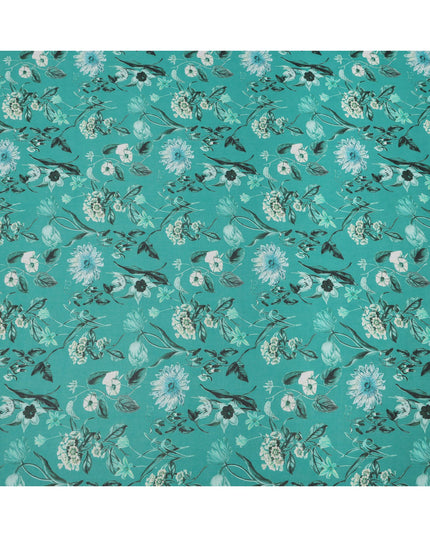 Teal Green Base with Aqua and Black Floral Printed Cotton Voile Fabric, Botanical Garden Design, 110 Cms Width, Made in India-D23790