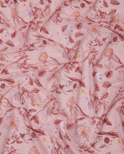 Blush Pink Base with Rose and Maroon Floral Printed Cotton Voile Fabric, Delicate Botanical Pattern, 110 Cms Width, Made in India-D23791