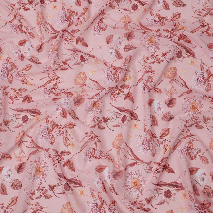Blush Pink Base with Rose and Maroon Floral Printed Cotton Voile Fabric, Delicate Botanical Pattern, 110 Cms Width, Made in India-D23791