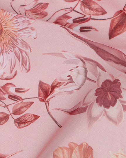 Blush Pink Base with Rose and Maroon Floral Printed Cotton Voile Fabric, Delicate Botanical Pattern, 110 Cms Width, Made in India-D23791