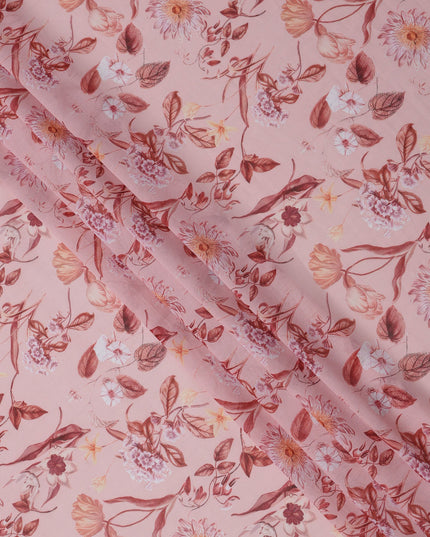 Blush Pink Base with Rose and Maroon Floral Printed Cotton Voile Fabric, Delicate Botanical Pattern, 110 Cms Width, Made in India-D23791
