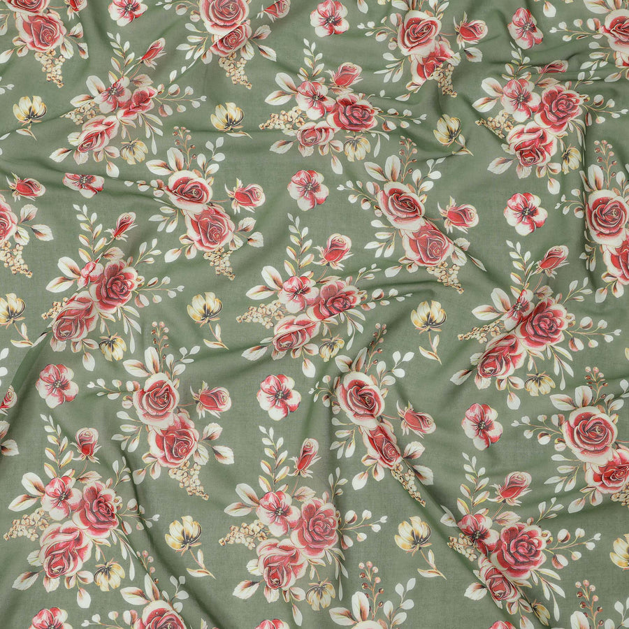 قاعدة خضراء زيتونية مع قماش فوال قطني مطبوع عليه زهور وردية حمراء وبيج، تصميم باقة عتيقة، عرض 110 سم، صنع في الهند - D23792