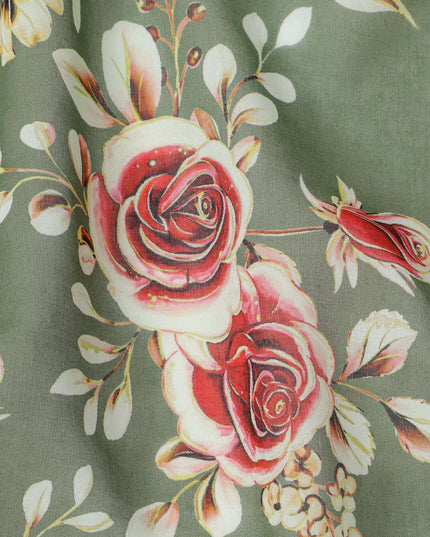 قاعدة خضراء زيتونية مع قماش فوال قطني مطبوع عليه زهور وردية حمراء وبيج، تصميم باقة عتيقة، عرض 110 سم، صنع في الهند - D23792