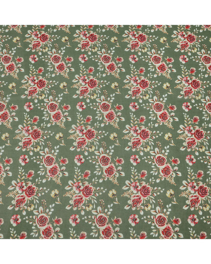 قاعدة خضراء زيتونية مع قماش فوال قطني مطبوع عليه زهور وردية حمراء وبيج، تصميم باقة عتيقة، عرض 110 سم، صنع في الهند - D23792
