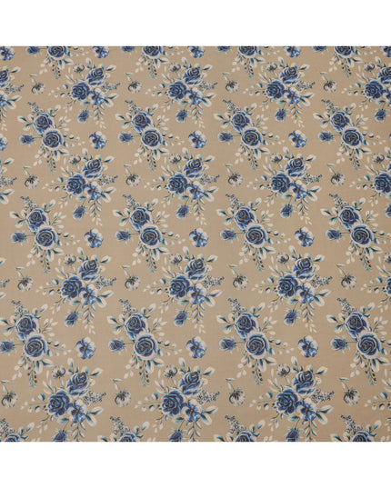 قاعدة بيج مع قماش قطني فوال مطبوع عليه زهور وردية زرقاء وبيضاء، بنمط باقة كلاسيكية، عرض 110 سم، صنع في الهند - D23793