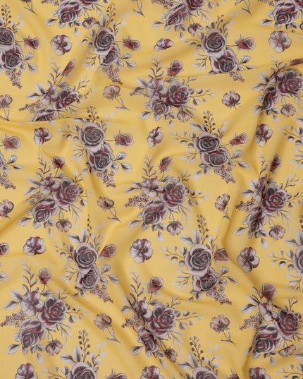 قماش فوال قطني بقاعدة صفراء زاهية مع نقش زهور وردية حمراء ورمادية، بنمط باقة كلاسيكي، عرض 110 سم، صنع في الهند - D23794