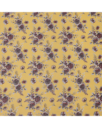 قماش فوال قطني بقاعدة صفراء زاهية مع نقش زهور وردية حمراء ورمادية، بنمط باقة كلاسيكي، عرض 110 سم، صنع في الهند - D23794