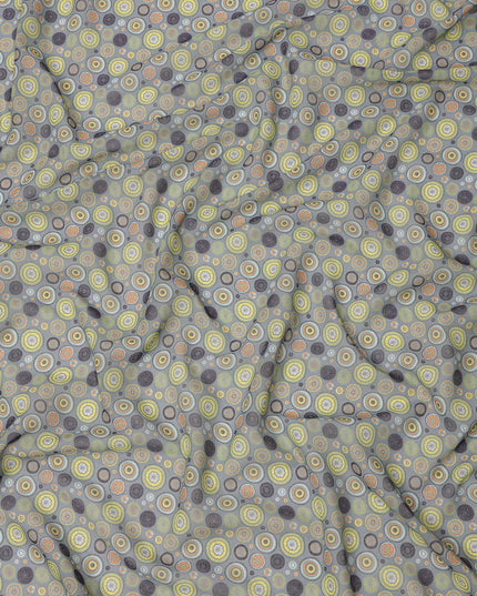 Olive Grey Base with Abstract Circular Printed Cotton Voile Fabric, Multicolor Geometric Dot Design, 110 Cms Width, Made in India-D23795