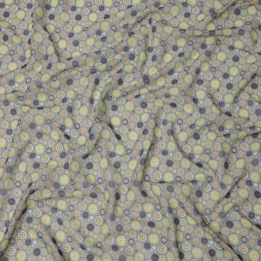 Olive Grey Base with Abstract Circular Printed Cotton Voile Fabric, Multicolor Geometric Dot Design, 110 Cms Width, Made in India-D23795