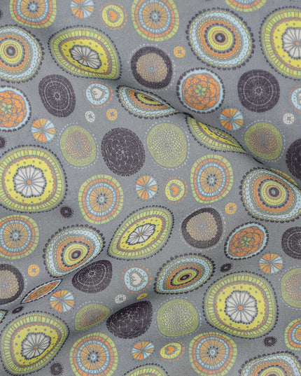 Olive Grey Base with Abstract Circular Printed Cotton Voile Fabric, Multicolor Geometric Dot Design, 110 Cms Width, Made in India-D23795