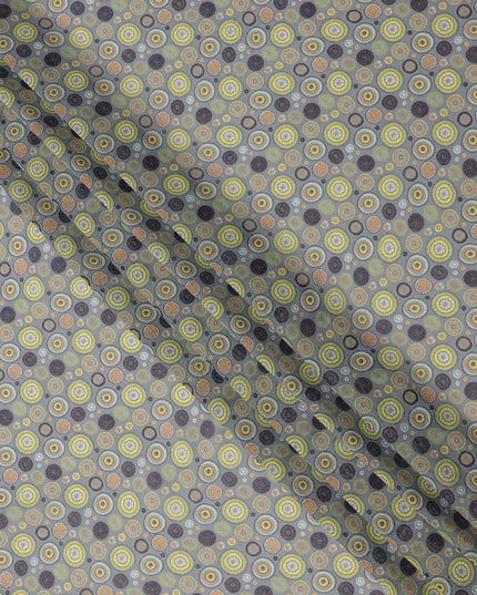 Olive Grey Base with Abstract Circular Printed Cotton Voile Fabric, Multicolor Geometric Dot Design, 110 Cms Width, Made in India-D23795