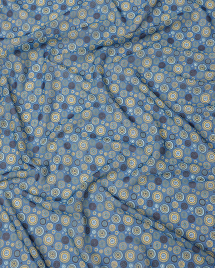 قماش فوال قطني بقاعدة زرقاء فولاذية مع نقاط متعددة الألوان متحدة المركز، بتصميم دائري تجريدي، عرض 110 سم، صنع في الهند - D23796