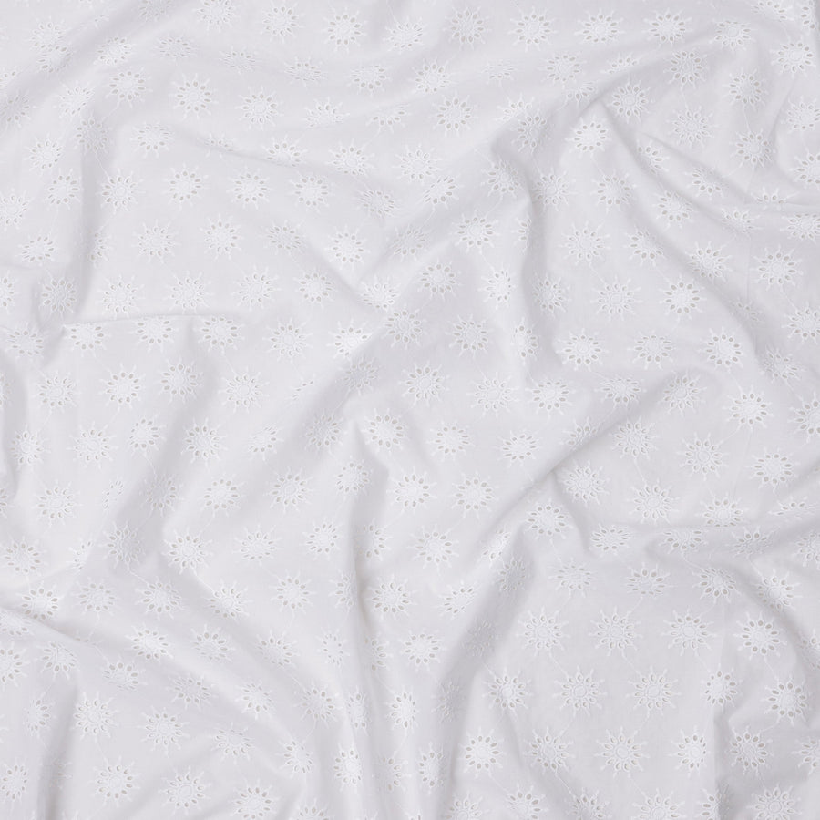 White Base with Floral Circular Eyelet Embroidery Cotton Voile Fabric, Delicate Starburst Motif Design, 110 Cms Width, Made in India-D23800