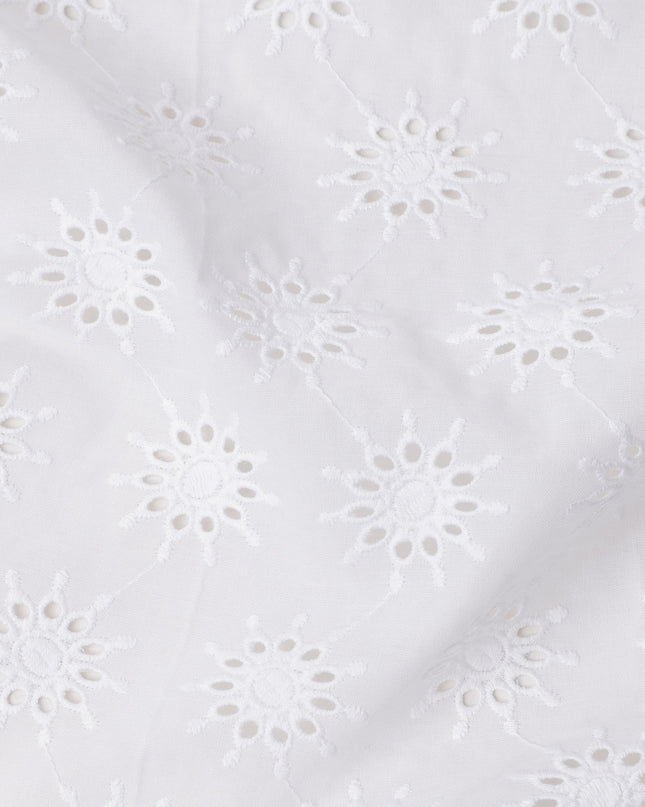 White Base with Floral Circular Eyelet Embroidery Cotton Voile Fabric, Delicate Starburst Motif Design, 110 Cms Width, Made in India-D23800
