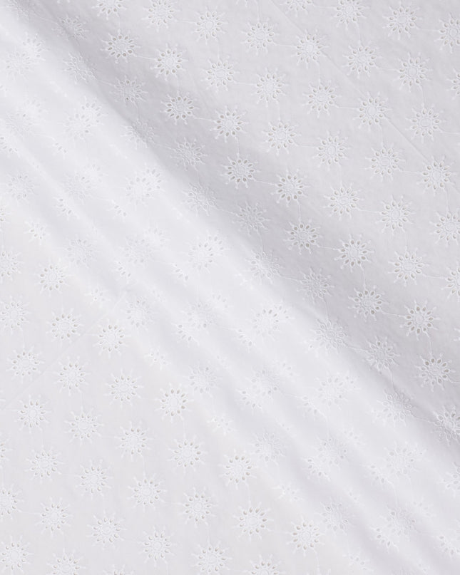 White Base with Floral Circular Eyelet Embroidery Cotton Voile Fabric, Delicate Starburst Motif Design, 110 Cms Width, Made in India-D23800
