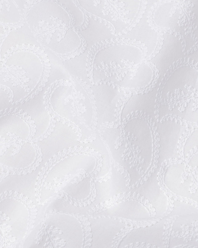 White Base with Curved Paisley Leaf Embroidered Cotton Voile Fabric, Fine Tonal Detailing, 110 Cms Width, Made in India-D23802