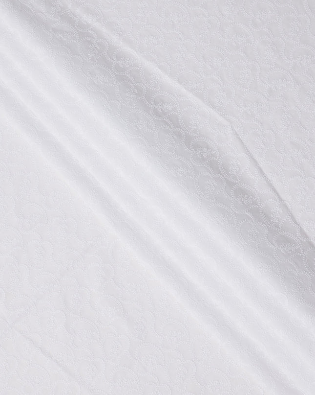 White Base with Curved Paisley Leaf Embroidered Cotton Voile Fabric, Fine Tonal Detailing, 110 Cms Width, Made in India-D23802