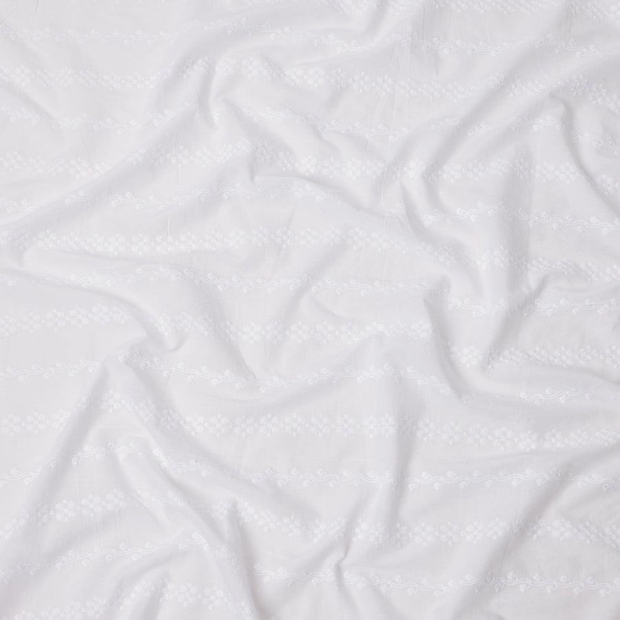 White Base with Floral and Heart Motif Embroidered Cotton Voile Fabric, Delicate Tonal Threadwork, 110 Cms Width, Made in India-D23803