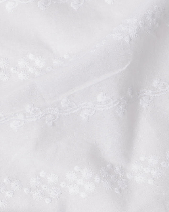 White Base with Floral and Heart Motif Embroidered Cotton Voile Fabric, Delicate Tonal Threadwork, 110 Cms Width, Made in India-D23803