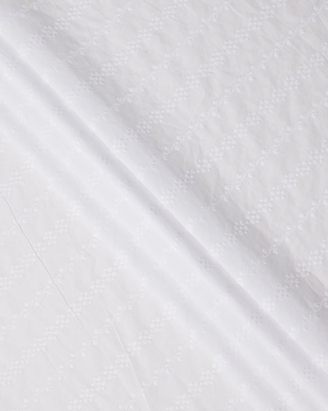 White Base with Floral and Heart Motif Embroidered Cotton Voile Fabric, Delicate Tonal Threadwork, 110 Cms Width, Made in India-D23803