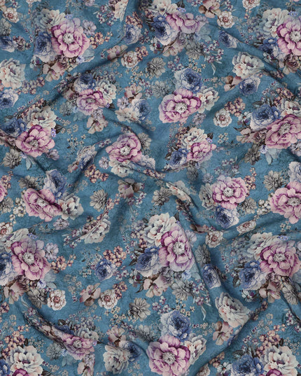 Teal Blue Floral Print Viscose Crepe Fabric with Multicolor Rose Motifs, 110 Cms Width, Made in India-D24247