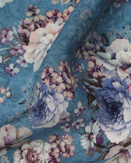 Teal Blue Floral Print Viscose Crepe Fabric with Multicolor Rose Motifs, 110 Cms Width, Made in India-D24247