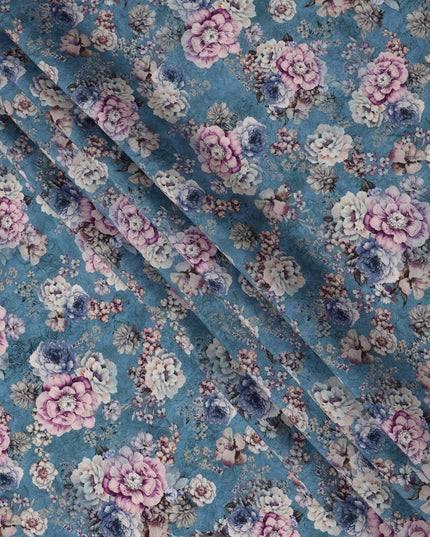 Teal Blue Floral Print Viscose Crepe Fabric with Multicolor Rose Motifs, 110 Cms Width, Made in India-D24247