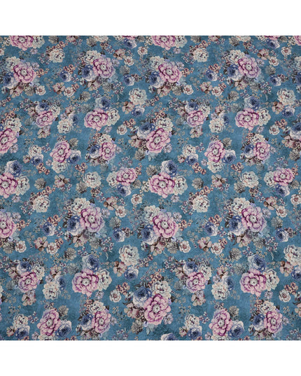 Teal Blue Floral Print Viscose Crepe Fabric with Multicolor Rose Motifs, 110 Cms Width, Made in India-D24247
