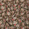 Olive Green Floral Print Viscose Crepe Fabric with Beige and Coral Blossom Motifs, 110 Cms Width, Made in India-D24248