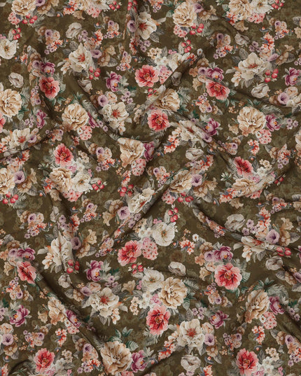 Olive Green Floral Print Viscose Crepe Fabric with Beige and Coral Blossom Motifs, 110 Cms Width, Made in India-D24248