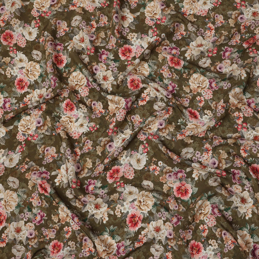 Olive Green Floral Print Viscose Crepe Fabric with Beige and Coral Blossom Motifs, 110 Cms Width, Made in India-D24248