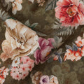 Olive Green Floral Print Viscose Crepe Fabric with Beige and Coral Blossom Motifs, 110 Cms Width, Made in India-D24248