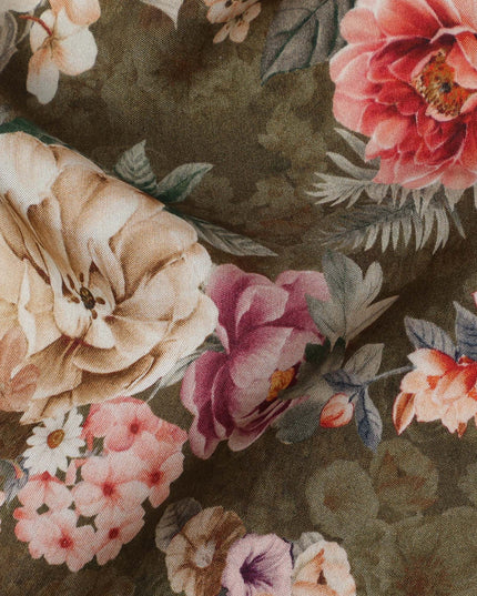 Olive Green Floral Print Viscose Crepe Fabric with Beige and Coral Blossom Motifs, 110 Cms Width, Made in India-D24248