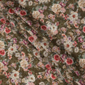 Olive Green Floral Print Viscose Crepe Fabric with Beige and Coral Blossom Motifs, 110 Cms Width, Made in India-D24248