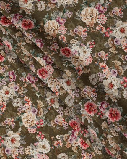Olive Green Floral Print Viscose Crepe Fabric with Beige and Coral Blossom Motifs, 110 Cms Width, Made in India-D24248