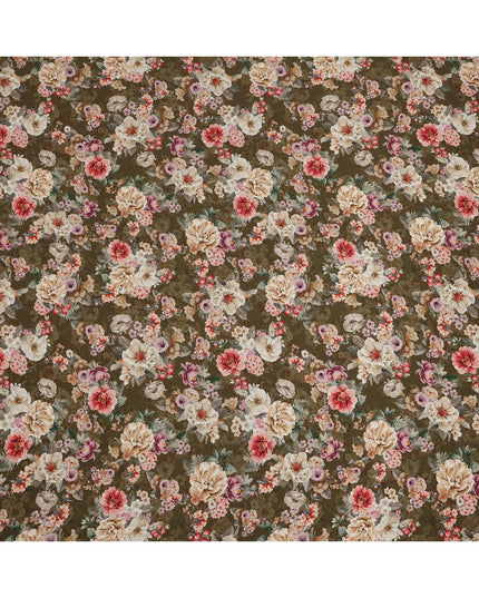 Olive Green Floral Print Viscose Crepe Fabric with Beige and Coral Blossom Motifs, 110 Cms Width, Made in India-D24248