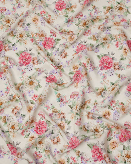 Ivory Cream Floral Print Viscose Crepe Fabric with Pink and Beige Rose Motifs, 110 Cms Width, Made in India-D24249